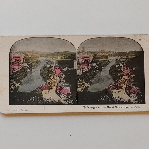 Antique Stereograph Card Tribourg and the Great Suspension Bridge Full Colour - Picture 1 of 3